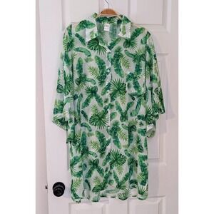 Tropical Palm‎ Leaf Print Button Down Cover Up Shirt Dress XL